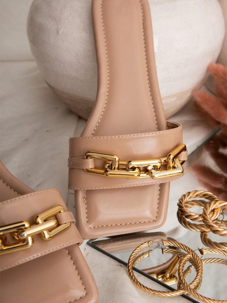 Purple Women's Slippers Summer Gold Chain Luxury Square Head Flat Heel Outdoor Beach Women Slides Sandals Leather Flat Sandals Strap Slides With Chain Open Toe Summer Slippers