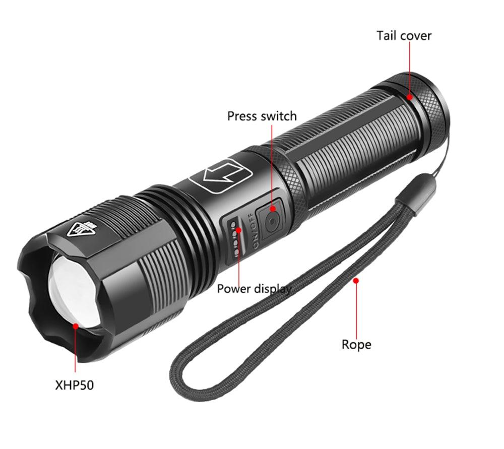 Rechargeable Adjustable Led Flashlights With High Lumen With Battery Display Super Bright Waterproof Flashlight 5 Lighting Modes For Adventure Hiking Camping Hunting New Design