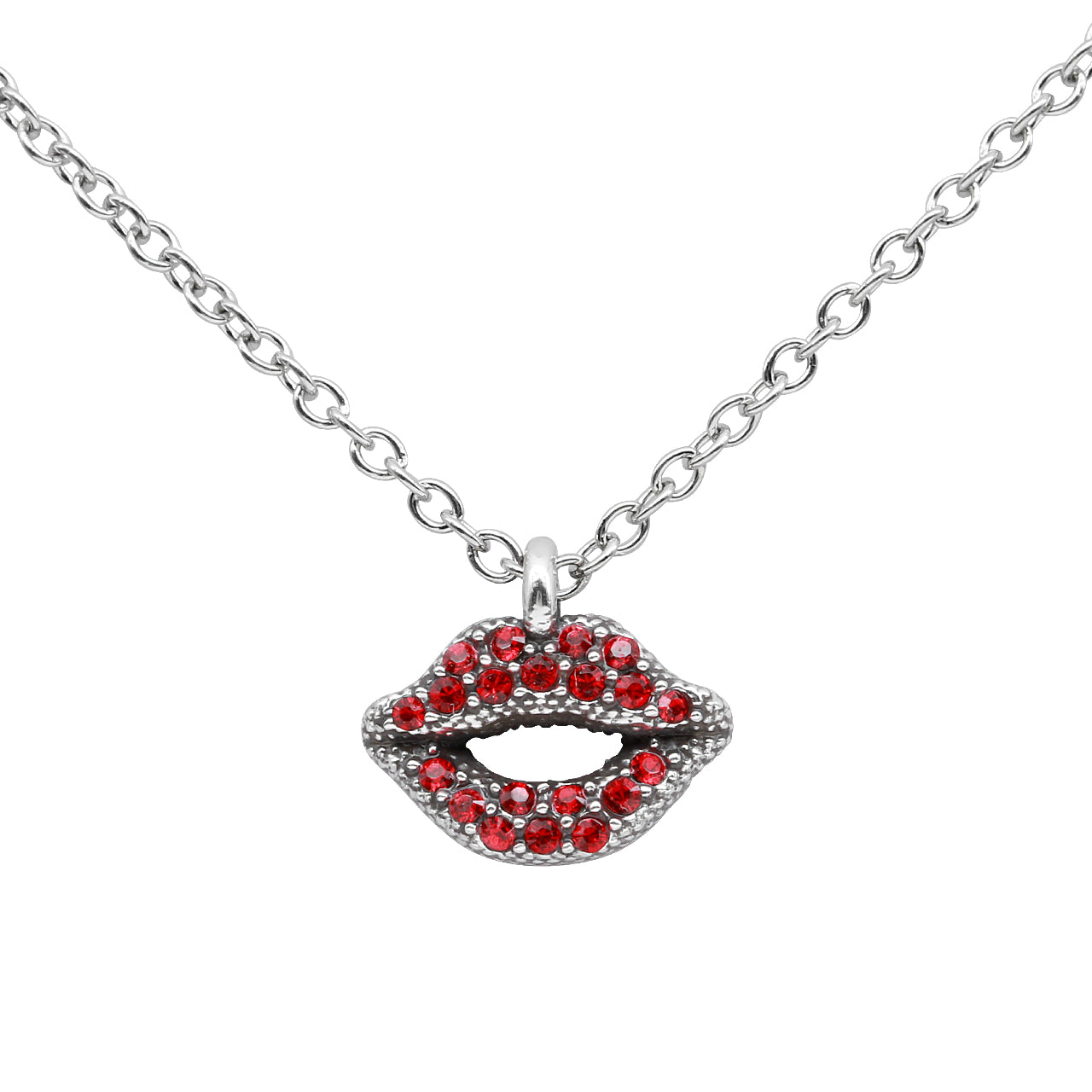 Halskette mit roten Lippen Kristallanhänger Sterlingsilberfarben
