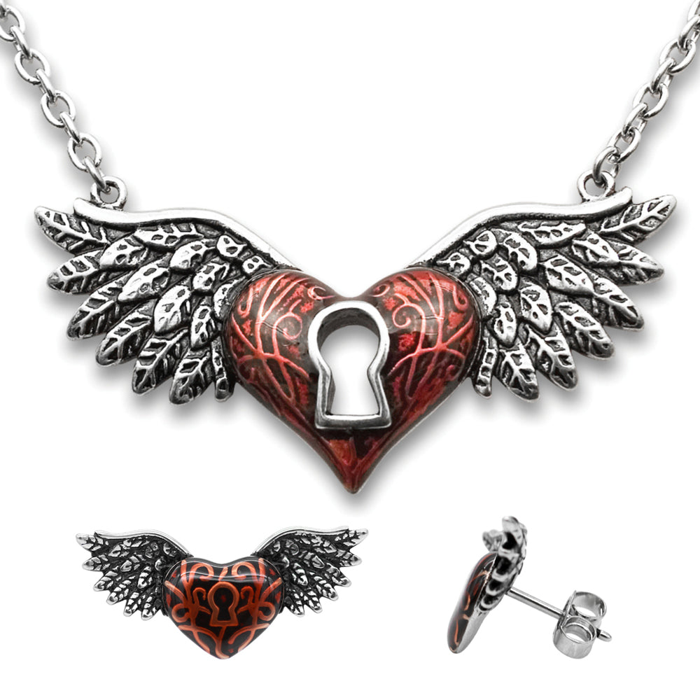 Rot geflügeltes Herz Halskette und Ohrringe Schmuck Geschenkset