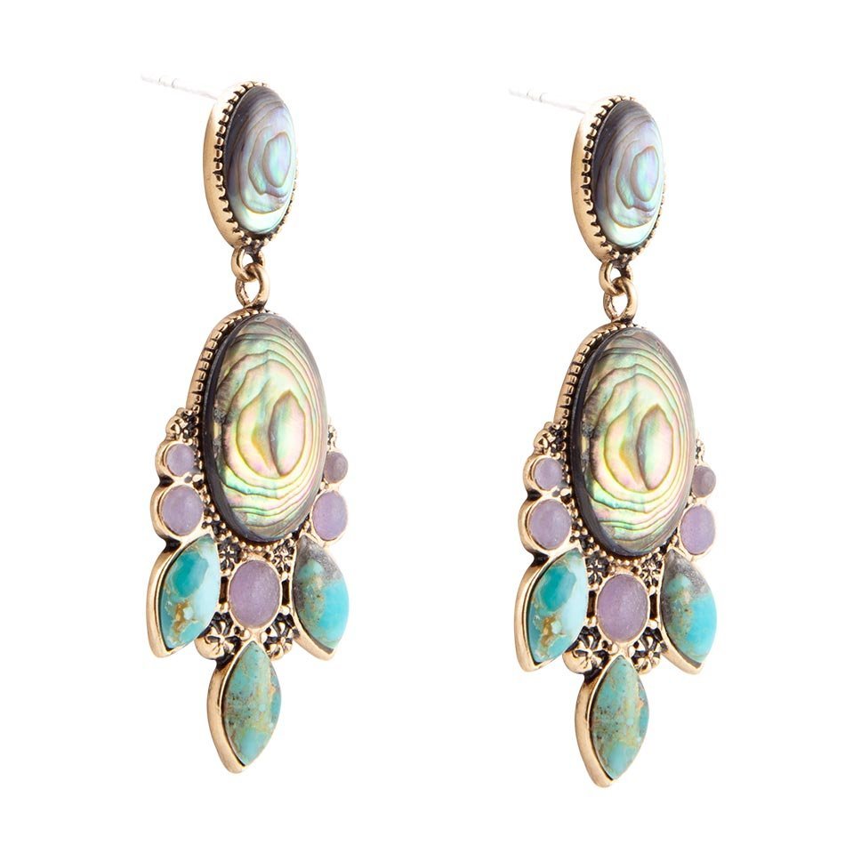 Regal Blue Abalone Mixed Stone Golden Statement Drop Earrings - ThisandThatShoppe