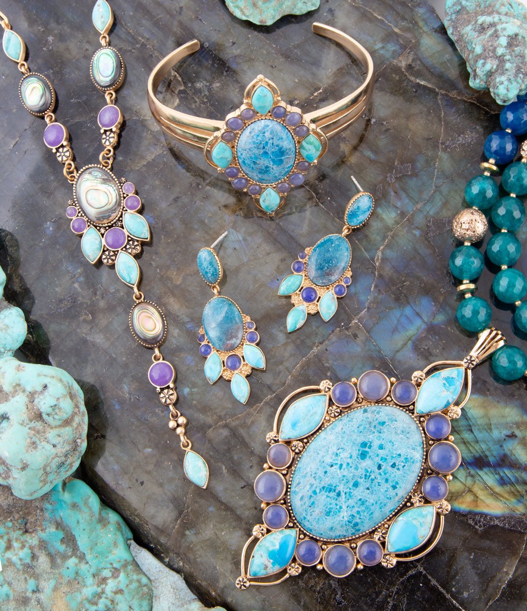 Regal Blue Apatite Mixed Stone Golden Cuff Bracelets - ThisandThatShoppe
