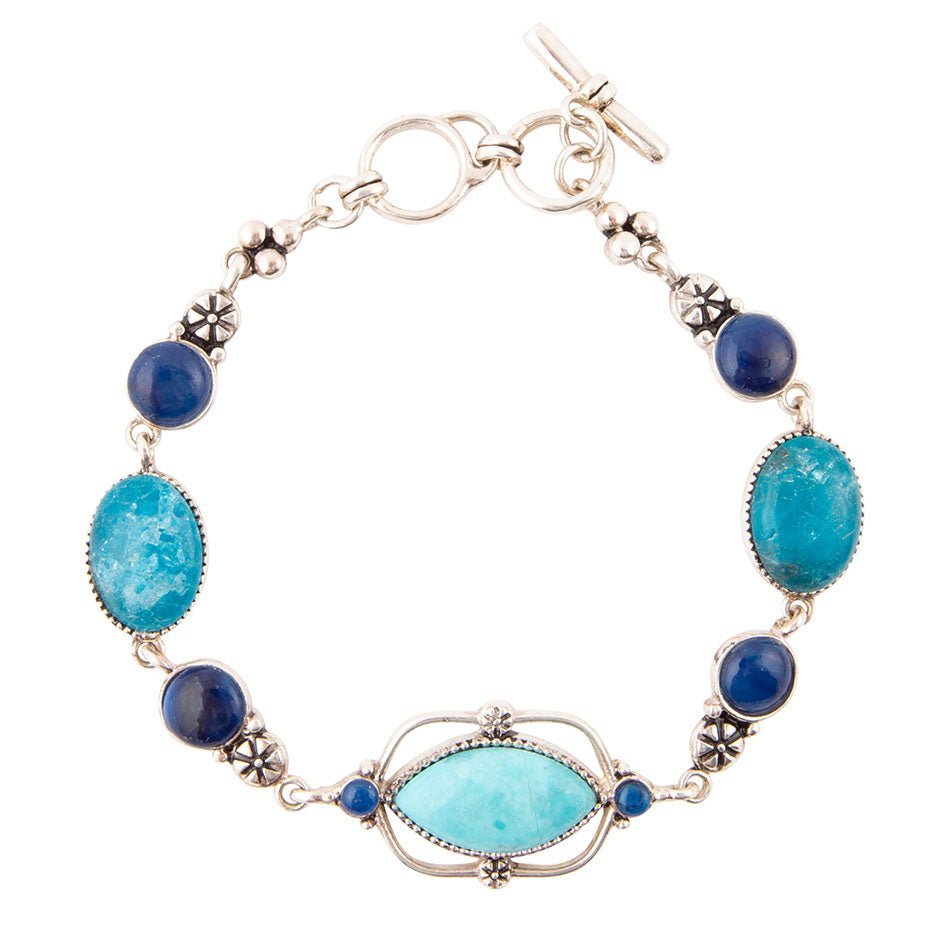 Regal Blue Turquoise and Apatite Sterling Silver Link Bracelet - ThisandThatShoppe