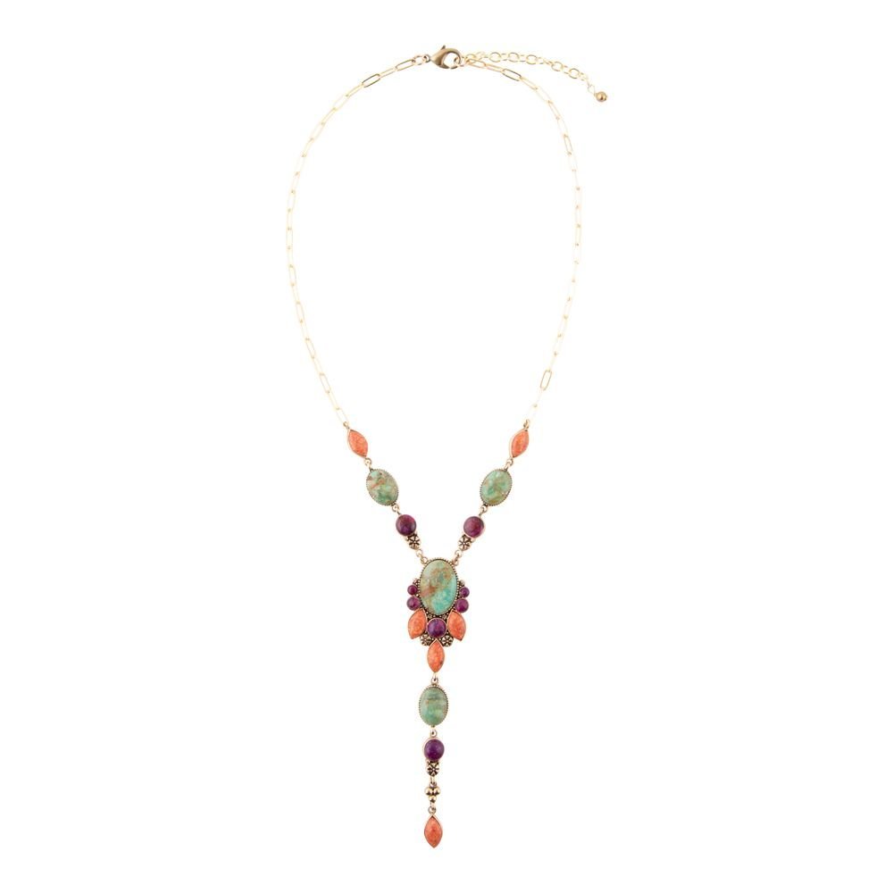 Regalia Blue Turquoise Purple and Orange Coral Golden Y Necklace - ThisandThatShoppe