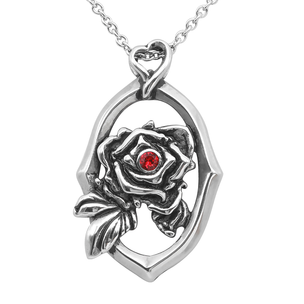 Collier Pendentif Rose Encadré Argent Avec Cristal Rouge