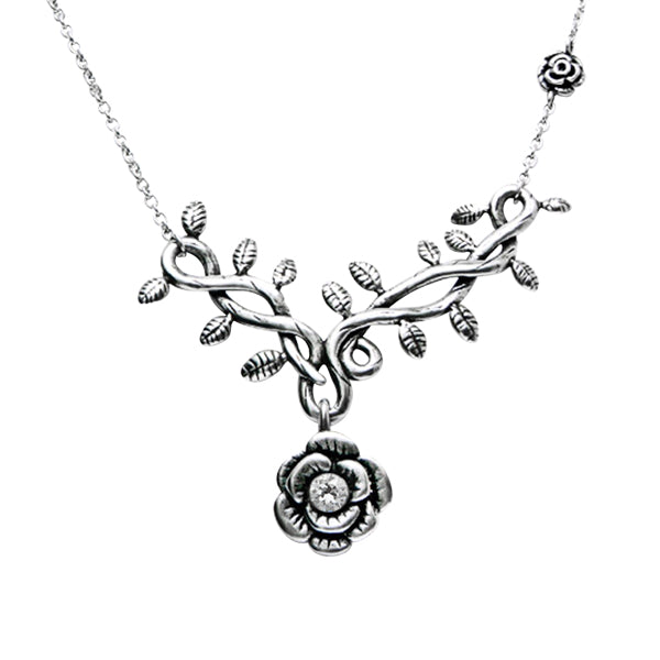 Rose Vine White CZ Pendant Necklace – Silver Tone