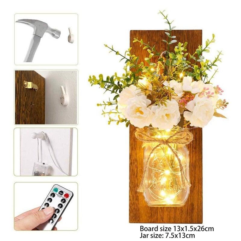 Rustic Wall Sconces Flower Lamp Mason Jar Sconce Handmade Wall Art Hanging Home Decoration 2 Set with LED Fairy Lights Decorative Peony Flower
