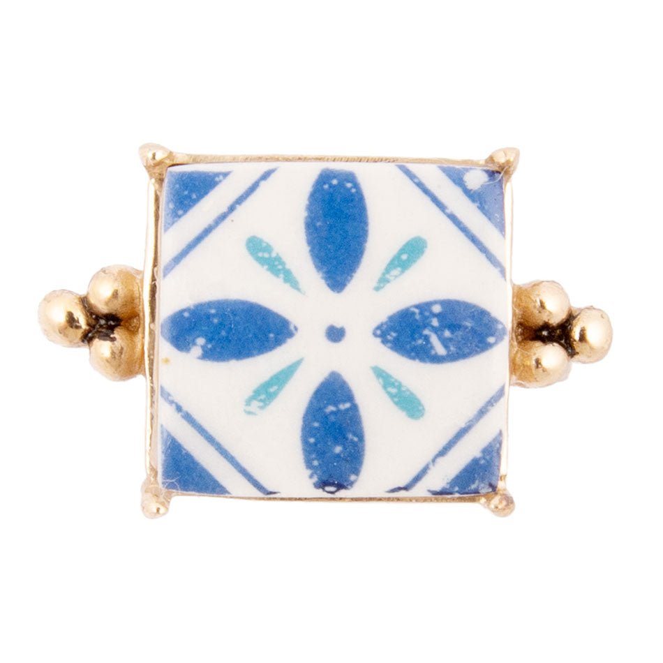 Santorini Blue and White Tile Golden Statement Ring - ThisandThatShoppe