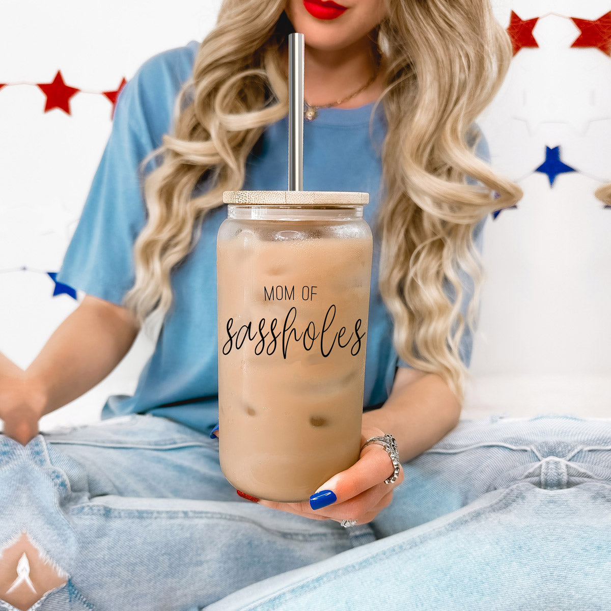 Lustiger Mama 500ml Glasbecher mit Bambusdeckel, 2 Edelstahl-Trinkhalmen und Reinigungsbürste
