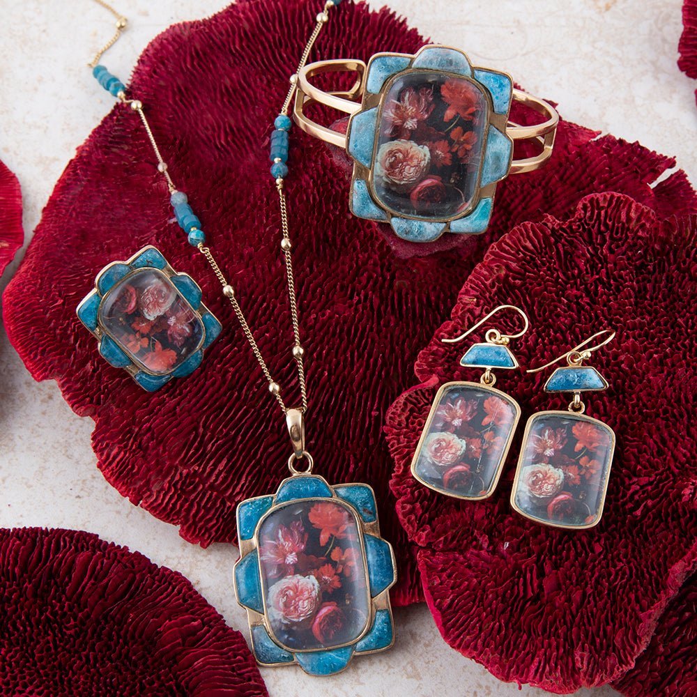 Scenic Dark Florals Blue Apatite Golden Drop Earrings - ThisandThatShoppe