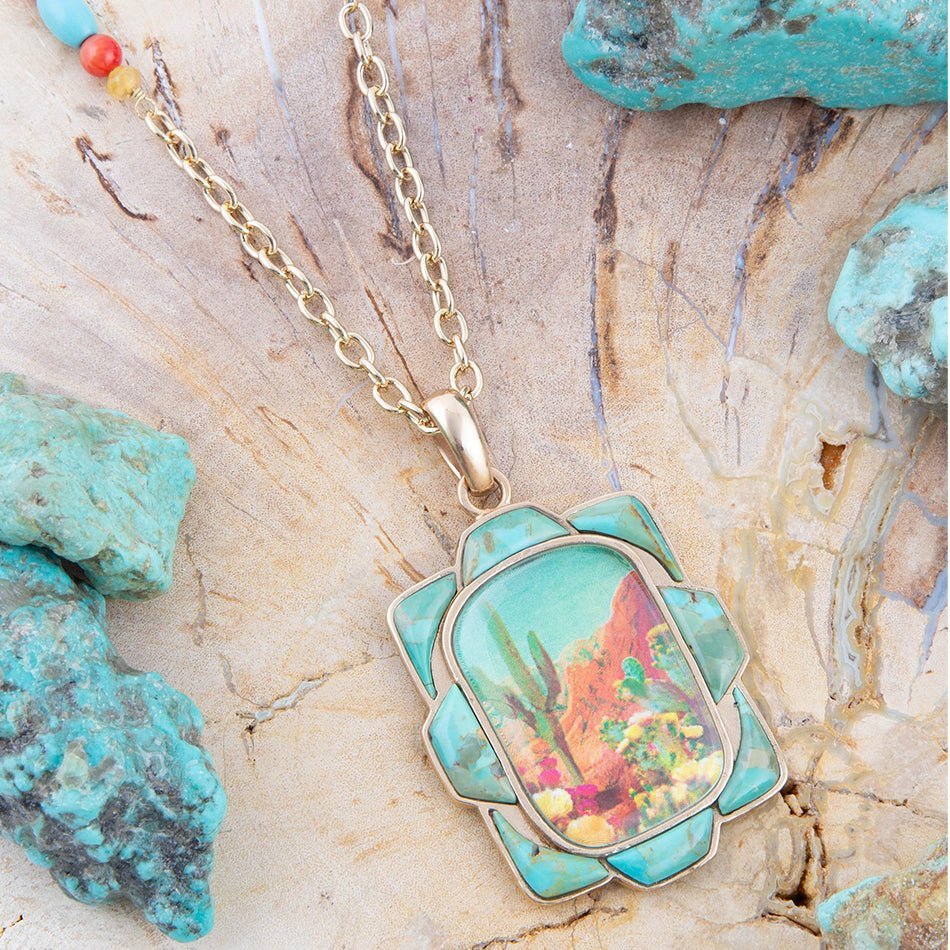 Scenic Sedona Desert Blue Turquoise Golden Pendant Necklace - ThisandThatShoppe