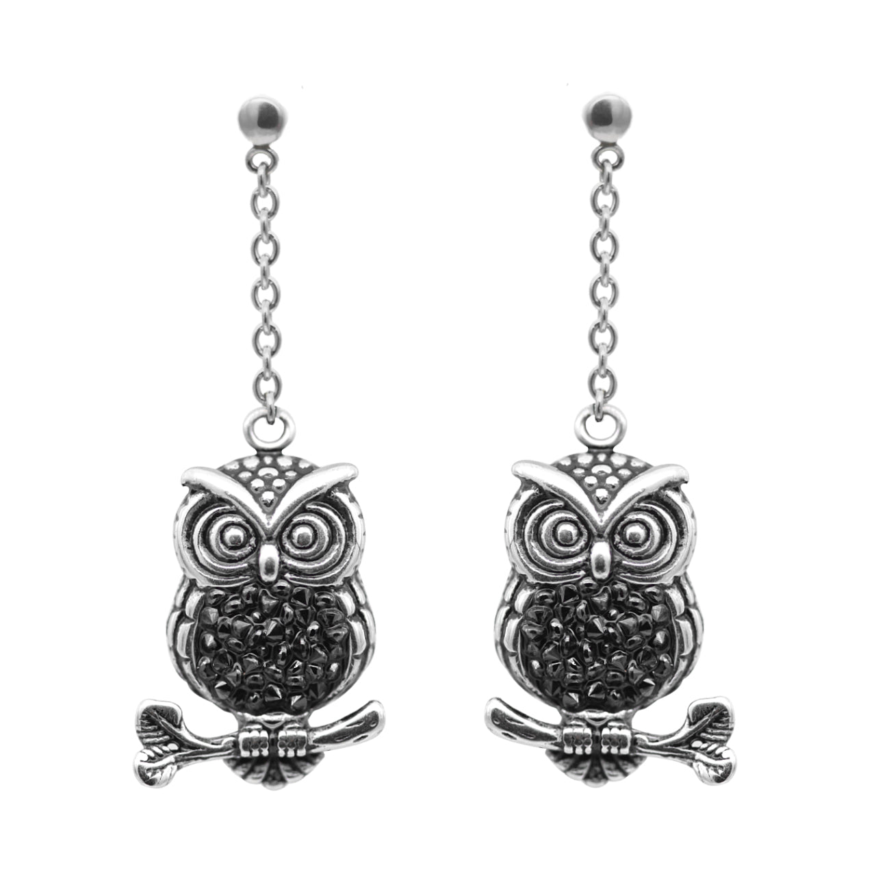 Boucles d'oreilles pendantes hibou argentées, longue chaîne, breloque hibou de nuit
