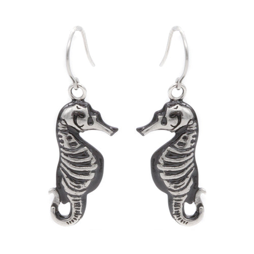 Skelett-Seepferdchen-Ohrringe Gothic Oxidiertes Silber