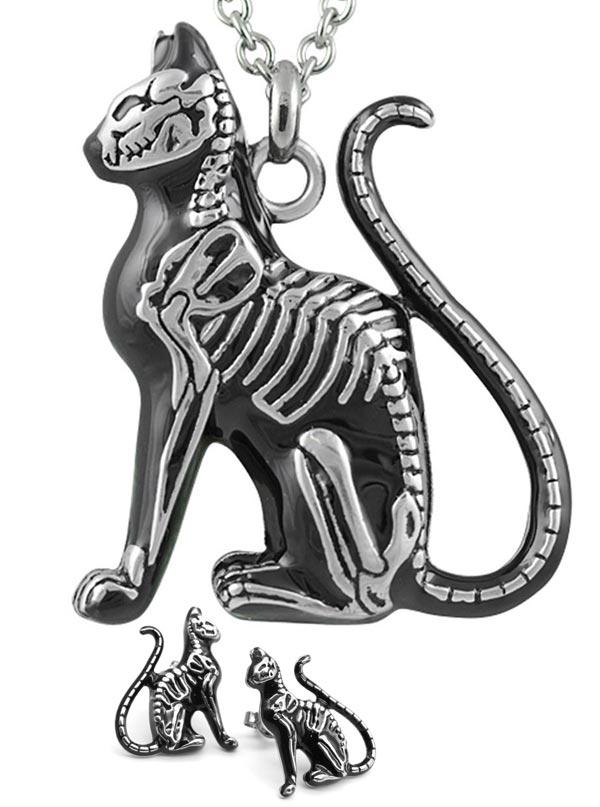 Skelett Katze Halskette und Ohrringe Set Gothic Schmuck