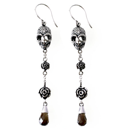 Boucles d'oreilles pendantes Goutte d'eau Crâne et rose Gothique Argent