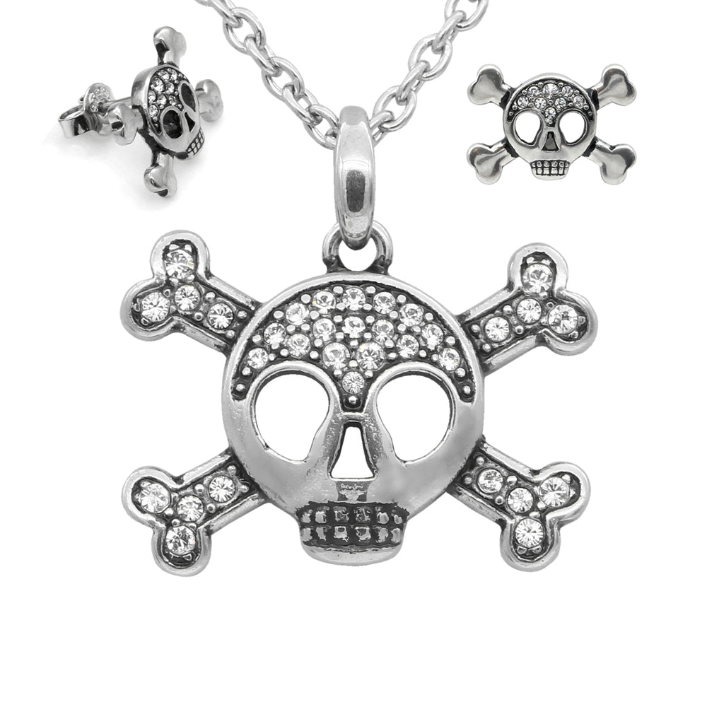 Totenkopf-Kreuzknochen-Halsketten- und Ohrring-Set mit Kristallen