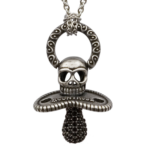 Collier Tétine Crâne Oxyde de Zirconium Noir Pendentif Gothique Plaqué Argent