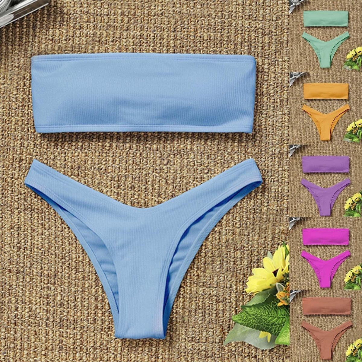 Solid Bikini Swimsuit Women Bikini Set Women Strapless Ribbed Bikini Set Lace Up High Cut Two Piece Swimsuit Bathing Suit Two Piece Tube Top Swimwear Female Bather Swimming Suit