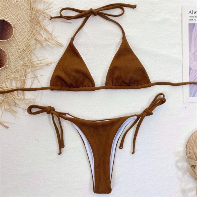 Solid Triangle Bikini Swimwear Women Bandage Backless Two Pieces Swimsuit Women Beachwear Set Women's Halter Triangle Bikini Thong Bottom Cheeky Two Piece Swimsuits