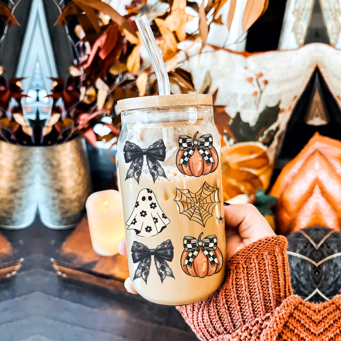 Halloween 20oz Glasbecher Bambusdeckel Edelstahl-Strohhalme Strohhalmreiniger