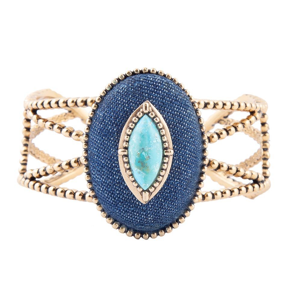 Stacked Blue Turquoise and Denim Golden Cuff Bracelet - ThisandThatShoppe