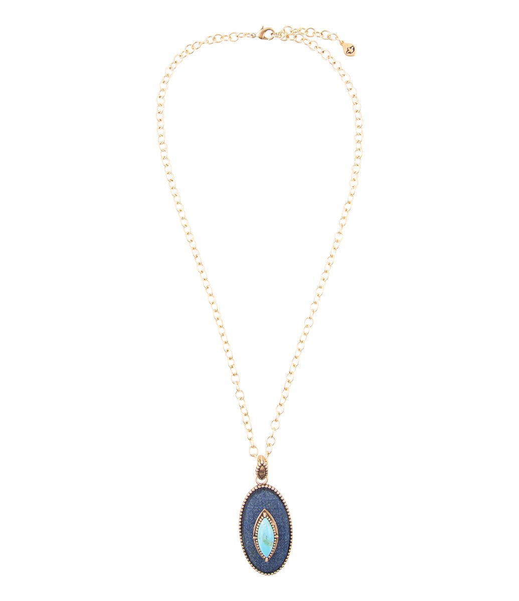 Stacked Blue Turquoise and Denim Golden Pendant Necklace - ThisandThatShoppe