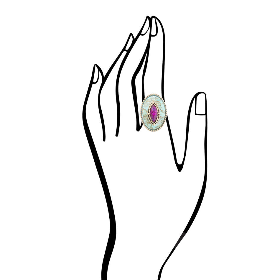 Bague dorée en pierres empilées bleues, violettes et turquoises
