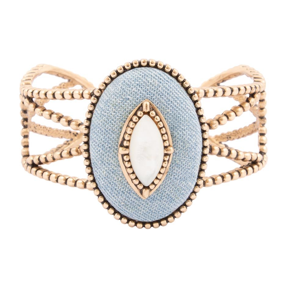 Blue Denim Dreams White Mother of Pearl Golden Cuff Bracelet - ThisandThatShoppe