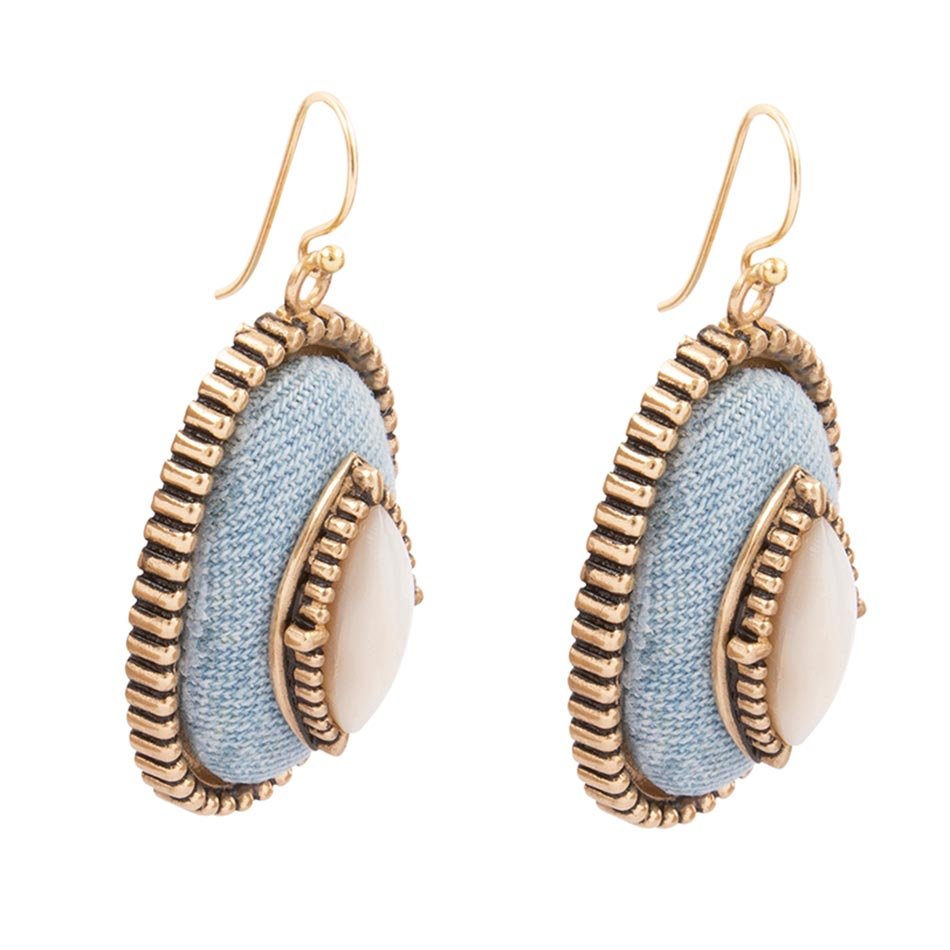 Blue Denim Dreams White Mother of Pearl Golden Drop Earrings - ThisandThatShoppe