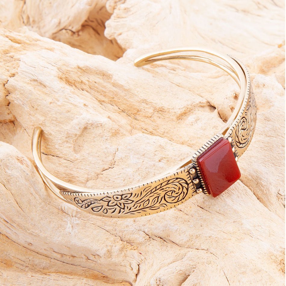 Stamped Orange Carnelian Golden Cuff Bracelet - ThisandThatShoppe