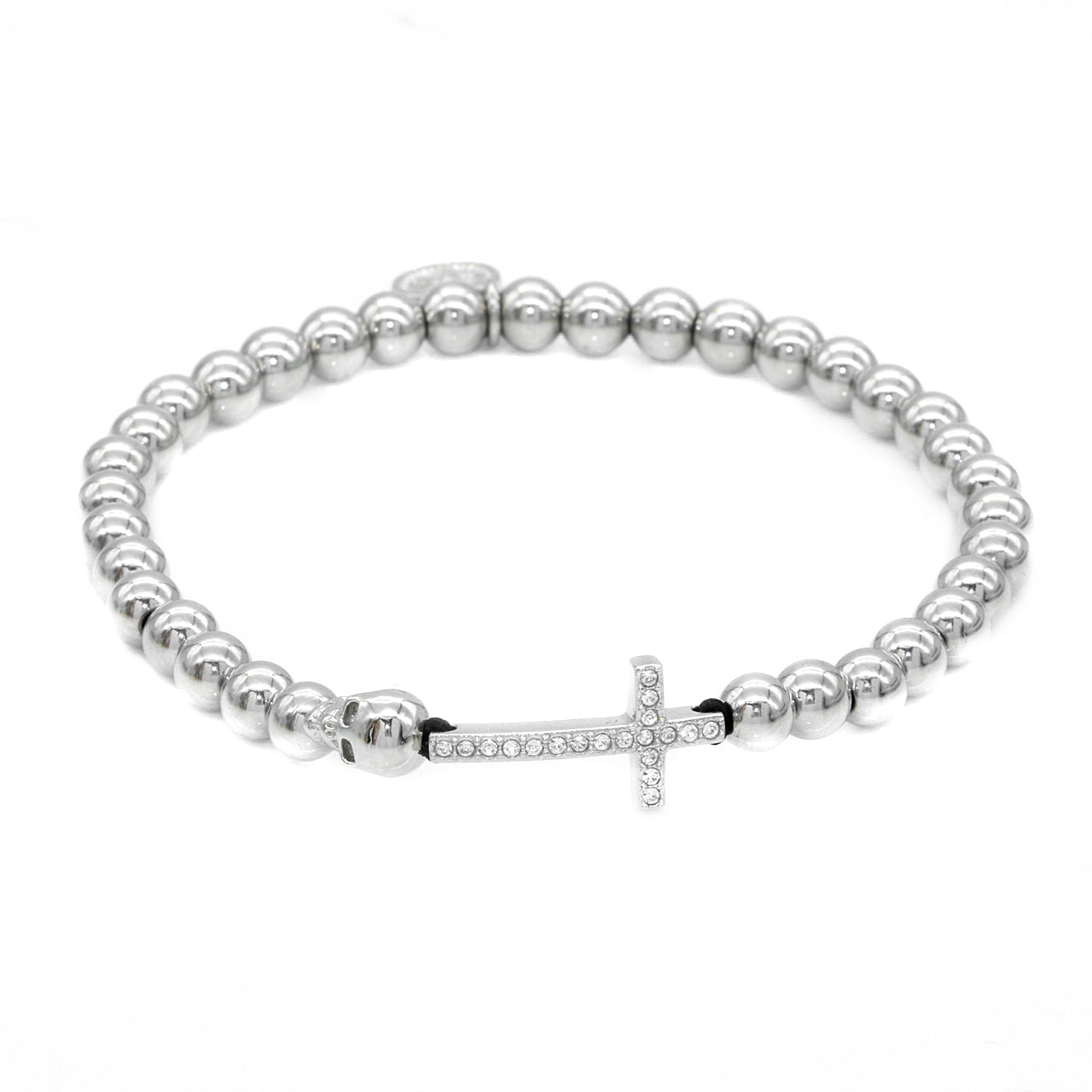 Bracelet extensible perlé en acier avec crâne et croix pavée