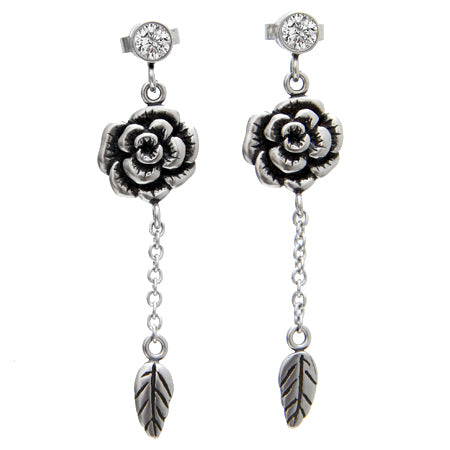 Boucles d'oreilles pendantes en argent avec fleurs d'hibiscus et feuilles