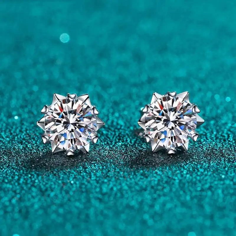 Sterling Silver Moissanite Stud Earrings 1ct 2ct VVS1 Lab Diamond Snowflake
