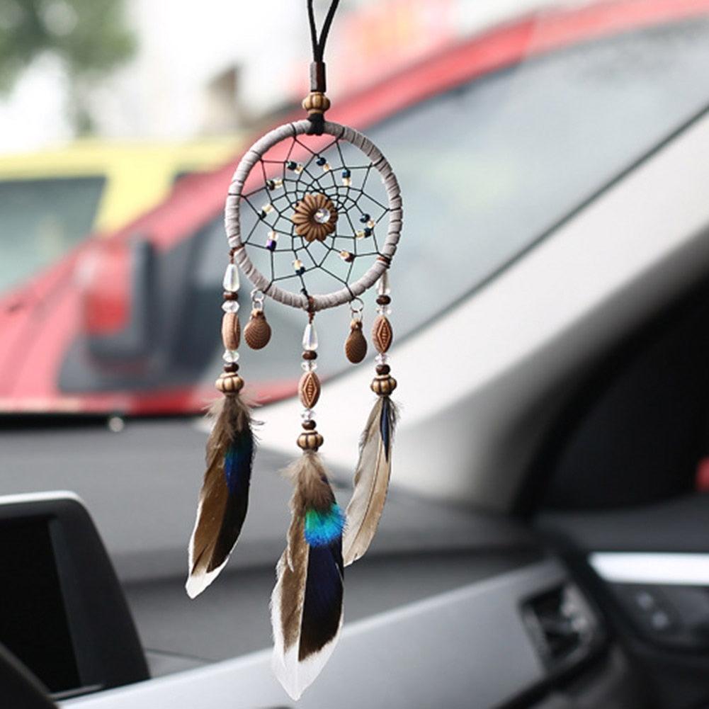 Stylish Hangings Dream Catcher Interior Rear-view Mirror Hanging Decor Car Pendant Grids Nature Feather Wind Chimes Round Ring Circle Handmade Home Decorations Handcrafts Car Charms Pendant Accessories
