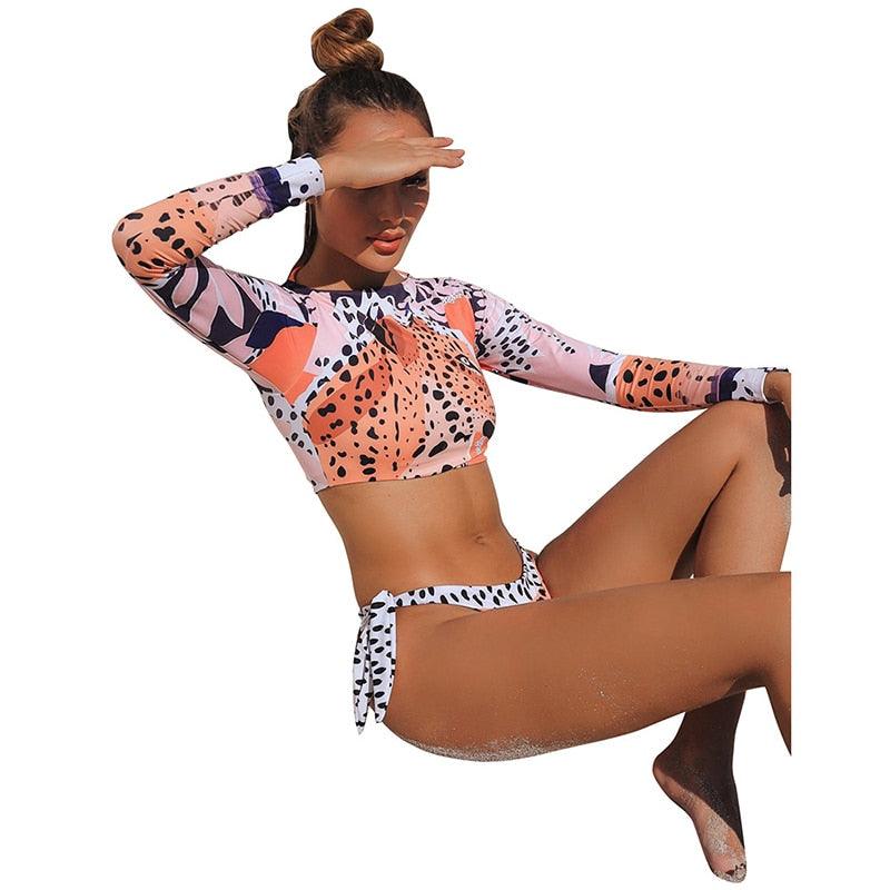 Surfing Swimsuit For Women New Bikini Long Sleeve Swimwear Women's Swimsuits Crop Top Bikini Set Bathing Suit Long Sleeve Swimwear Tiger Print Push Up Summer Bath Suit Two Piece