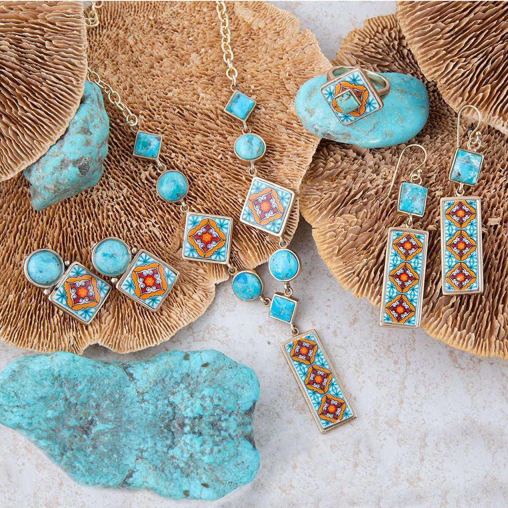 Talavera Tile and Blue Turquoise Golden Dangle Earrings - ThisandThatShoppe