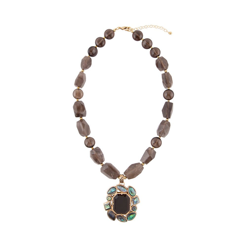 Tribecca Blue Abalone and Black Smoky Quartz Golden Statement Necklace - ThisandThatShoppe