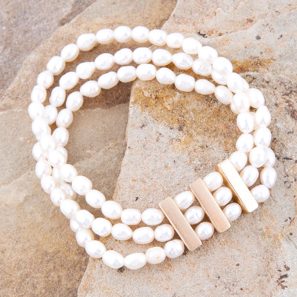 Triple Freshwater White Pearl Classic Golden Stretch Bracelet - ThisandThatShoppe