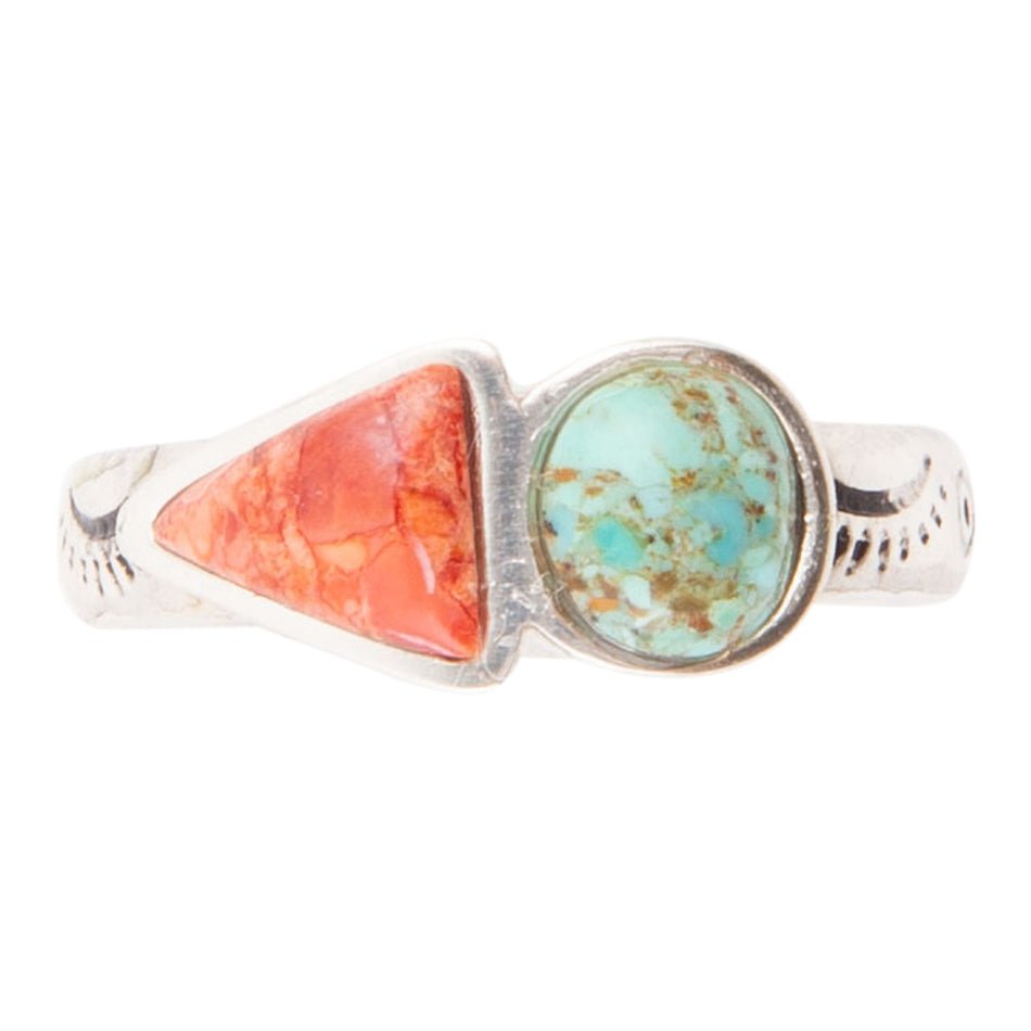 Bague en argent sterling double, turquoise bleue et corail orange