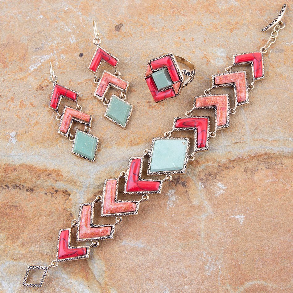 Green Turquoise and Coral Tapestry Golden Link Bracelet - ThisandThatShoppe