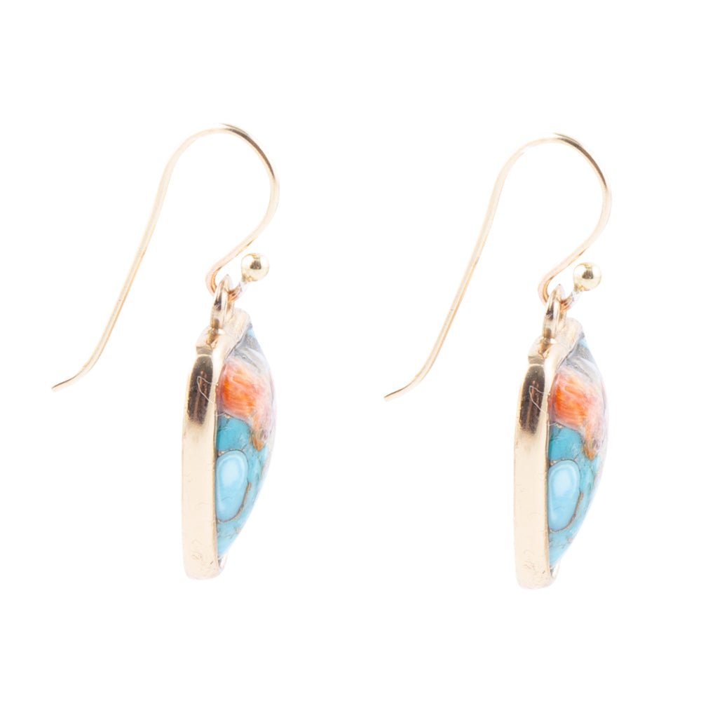 Blue Turquoise and Orange Spiny Oyster Matrix Golden Drop Earrings - ThisandThatShoppe