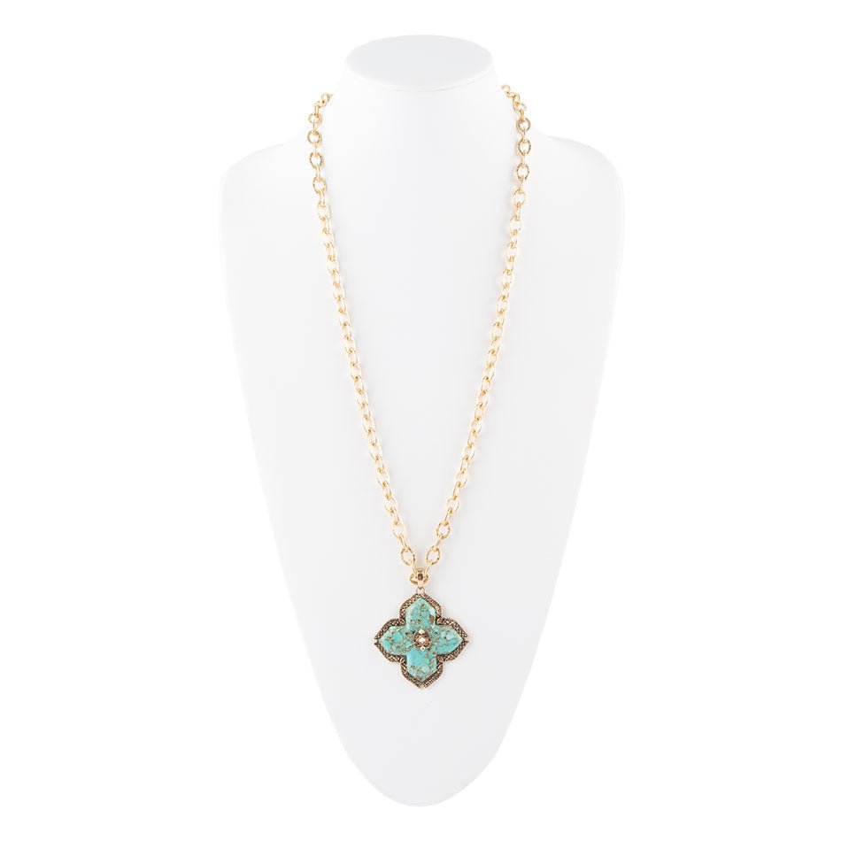 Blue Turquoise Maltese Cross Golden Pendant Necklace - ThisandThatShoppe