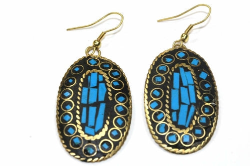 Boucles d'oreilles pendantes ovales turquoise mosaïque dorées style bohème