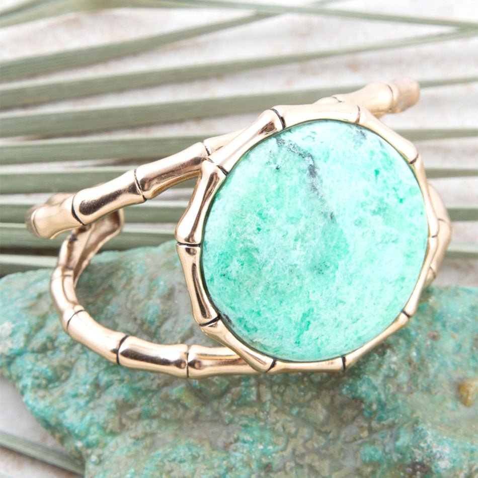 Vibrant Green Chrysoprase Golden Bamboo Statement Cuff Bracelet - ThisandThatShoppe