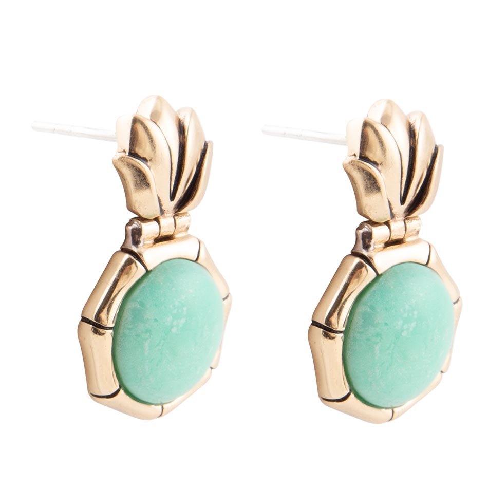 Vibrant Green Chrysoprase Golden Lotus Post Earrings - ThisandThatShoppe