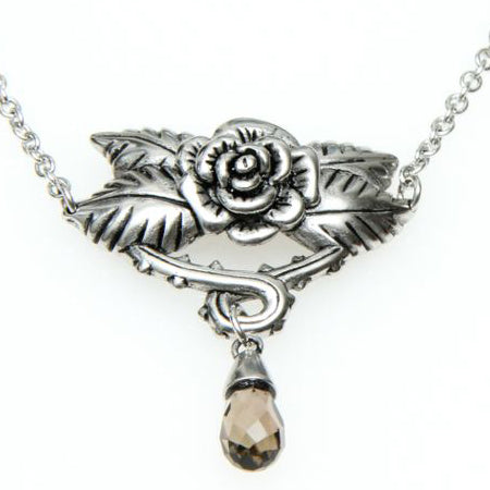 Collier Pendentif Rose Vintage Argenté avec Goutte de Cristal