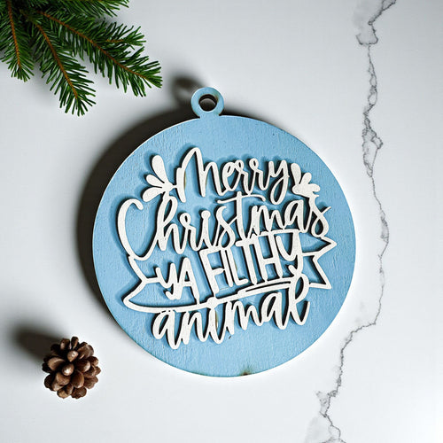 Weihnachtsbaumschmuck Frohe Weihnachten, du dreckiges Tier, aus Holz, 3D, 12 Farben