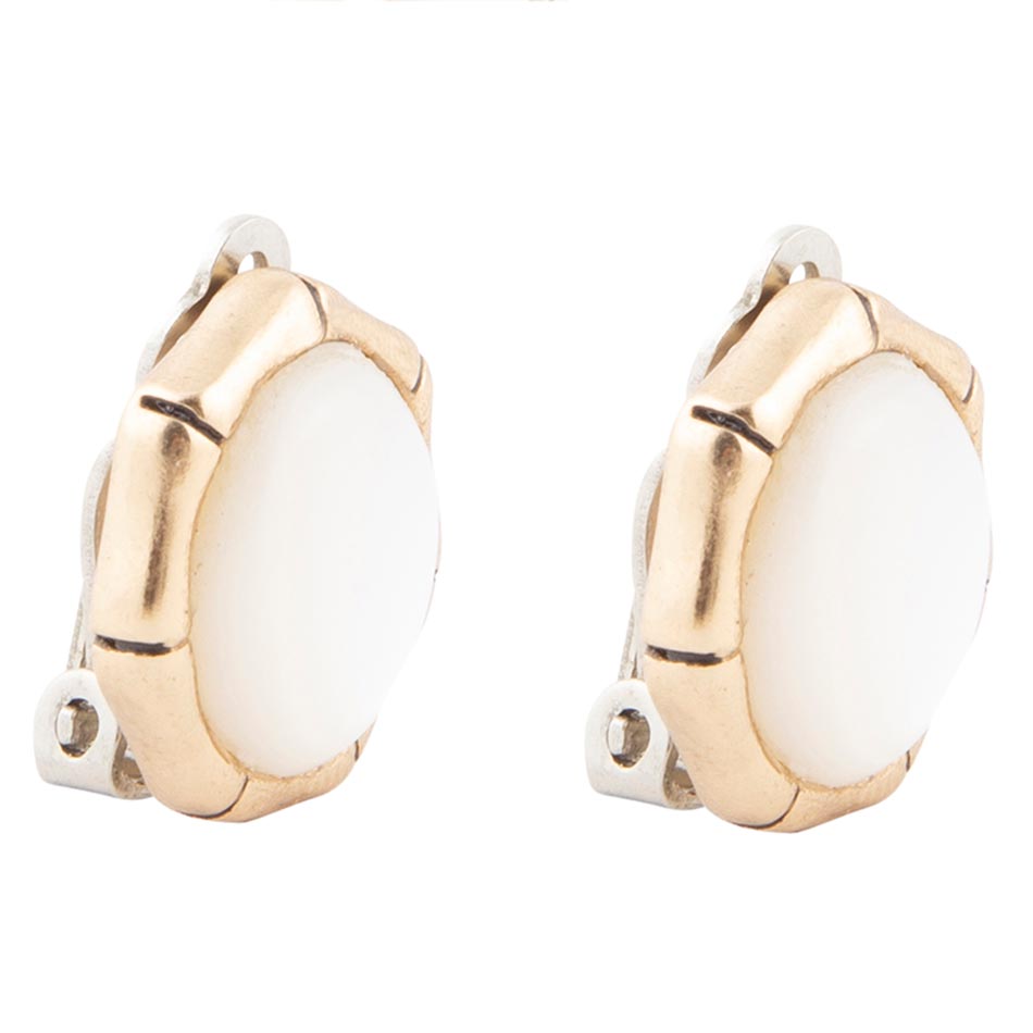 White Mother of Pearl Golden Bamboo Clip Earrings - ThisandThatShoppe
