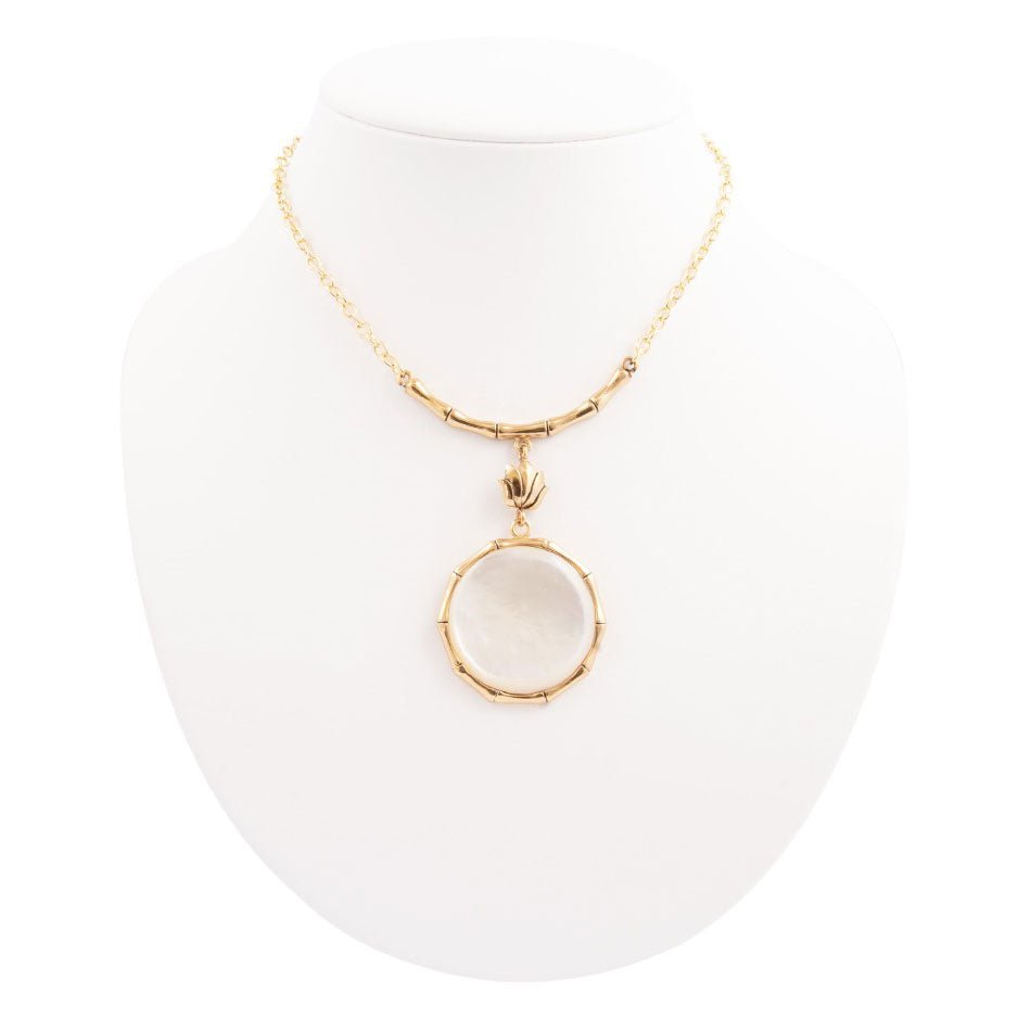 White Mother of Pearl Golden Statement Pendant Necklace - ThisandThatShoppe