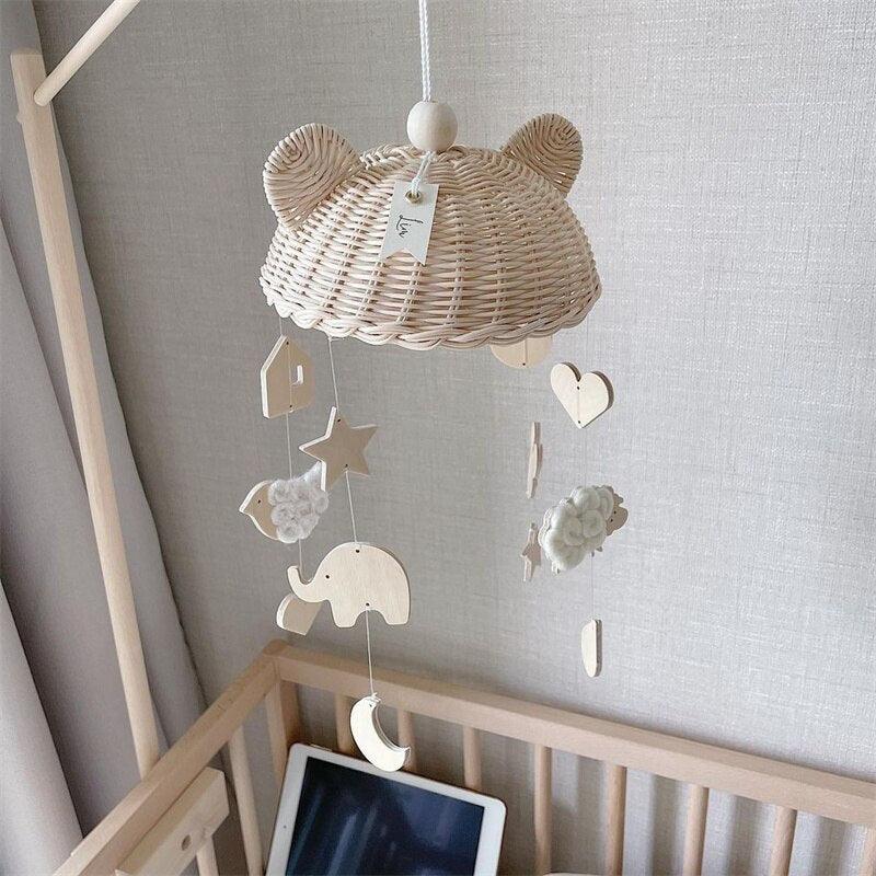 Wind Chime With Wooden Pendant Kids Room Decoration Wall Hanging Ornaments Clouds and Stars Sooth Pendant Toy Nursery Decoration Gift for Newborn Boys and Girls